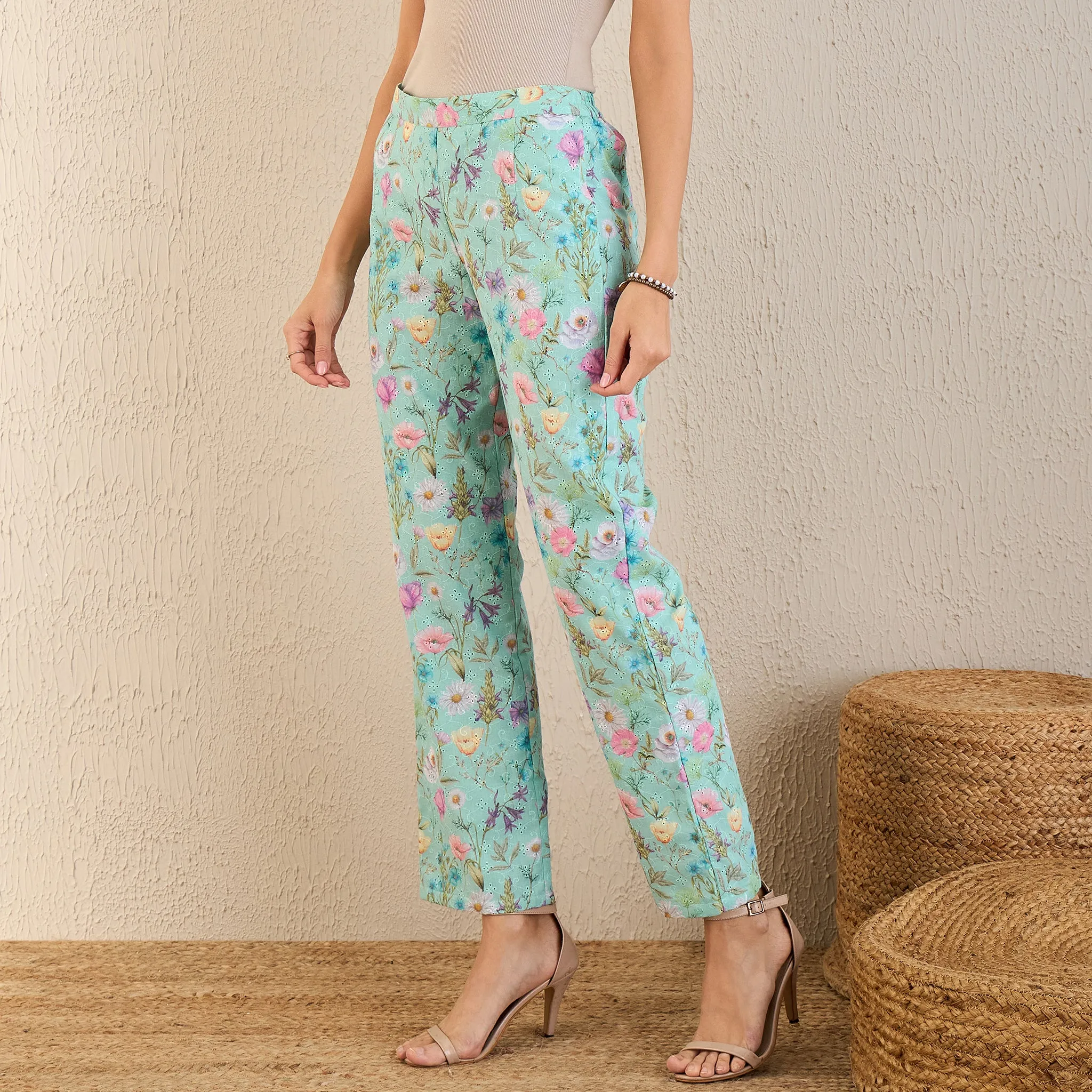 Aquamarine Floral Print Schiffli Straight Pants