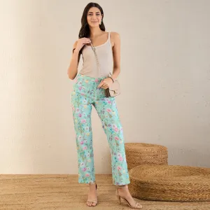 Aquamarine Floral Print Schiffli Straight Pants