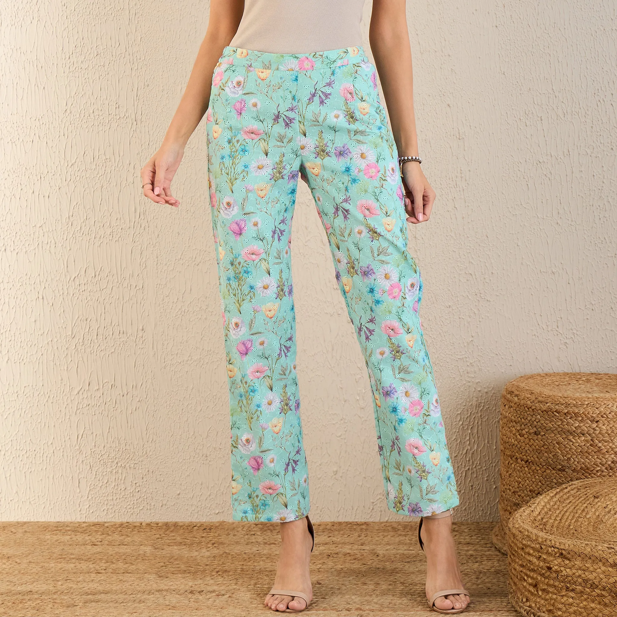 Aquamarine Floral Print Schiffli Straight Pants
