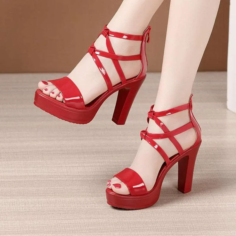 Big Size 34-43 Block designer Platform heels for women Sandals Wedding Shoes 2023 Summer High Heels Gladiator Sandals Patent Leather