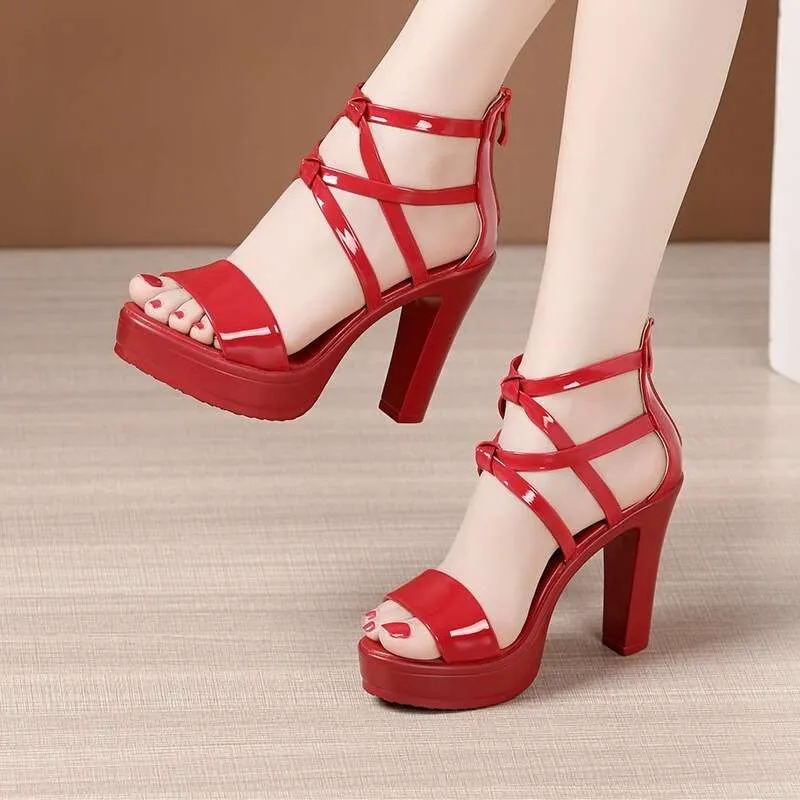 Big Size 34-43 Block designer Platform heels for women Sandals Wedding Shoes 2023 Summer High Heels Gladiator Sandals Patent Leather