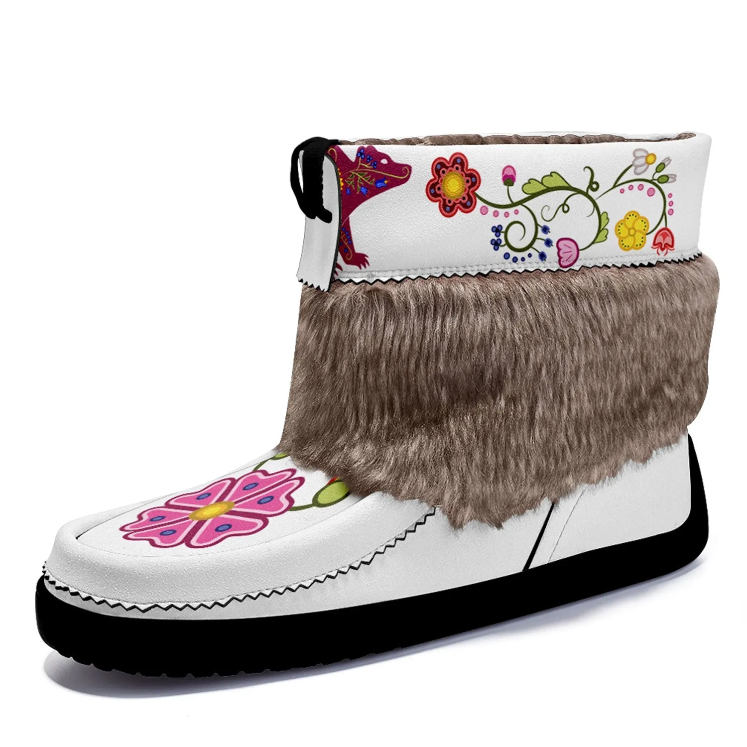 Floral Maskwa White Leather MocLux Short Style with Fur