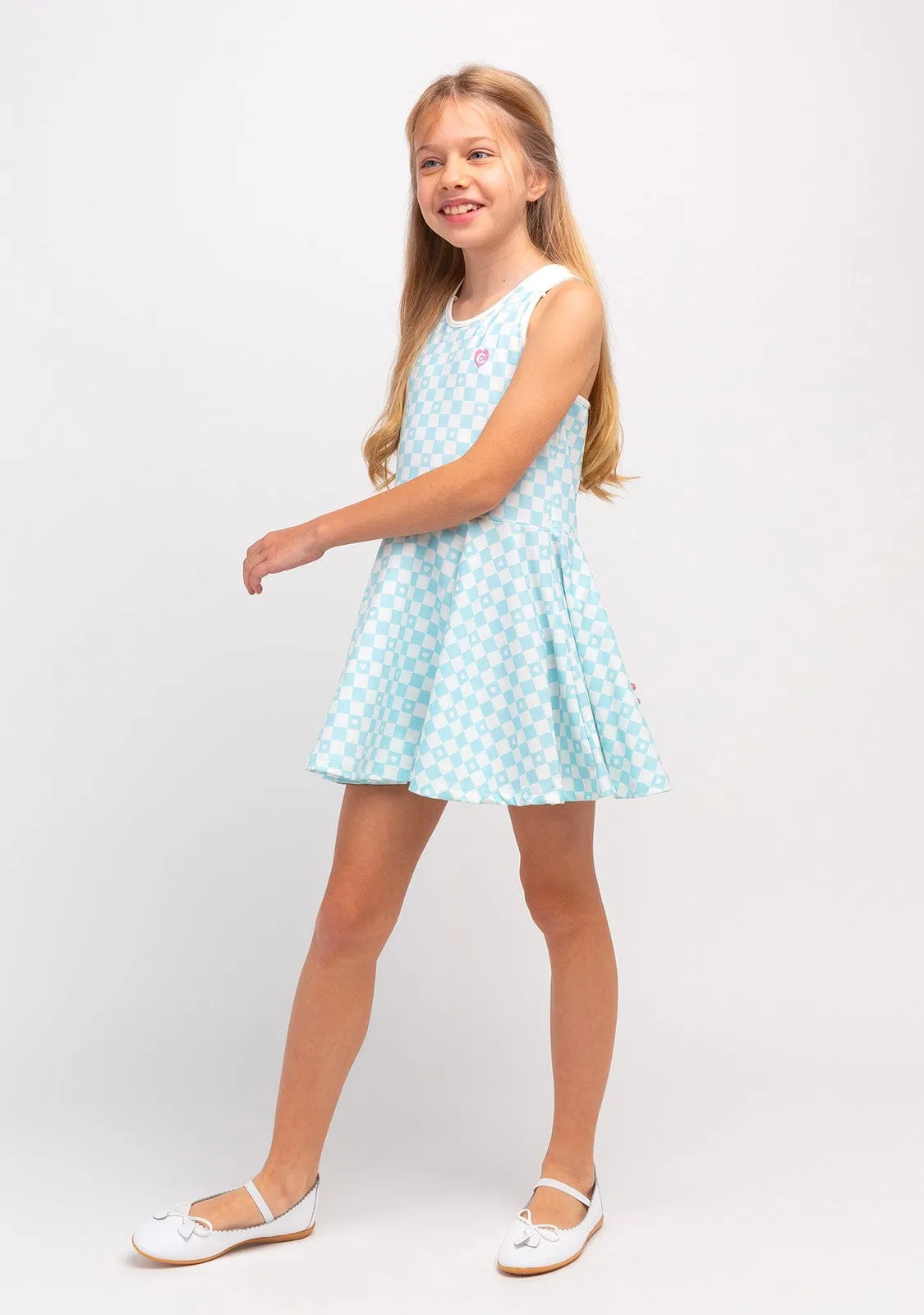 Girl's Light Blue Checkerboard Skater Dress