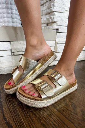 Gold Double Buckle Raffia Slip On Sandal