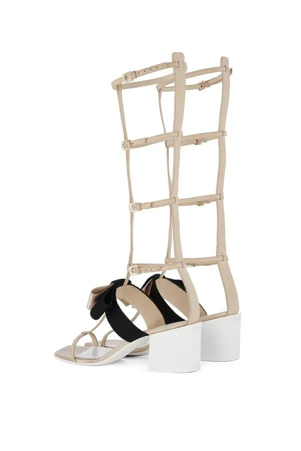 Lanvin Paris Gladiator Bow Nude Sandal Low Block Heel Strappy Dress Sandals