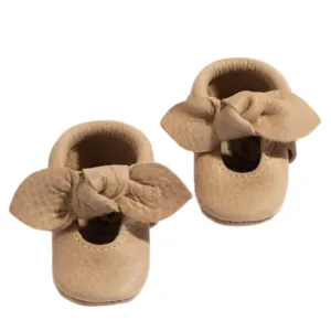 Newborn Weathered Brown Knotted Bow Baby Shoe