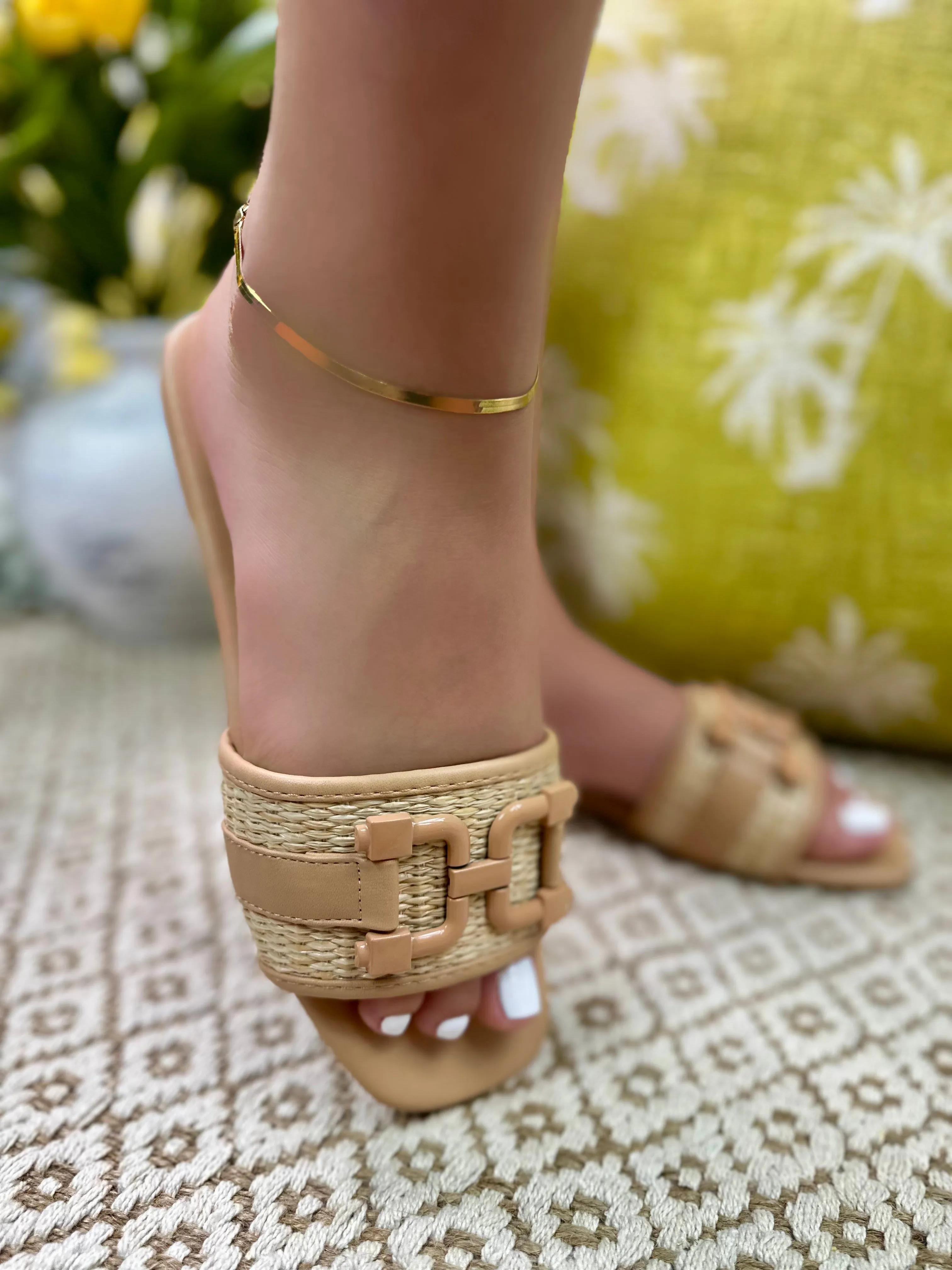 Raffia Square Toe Slip On Sandals
