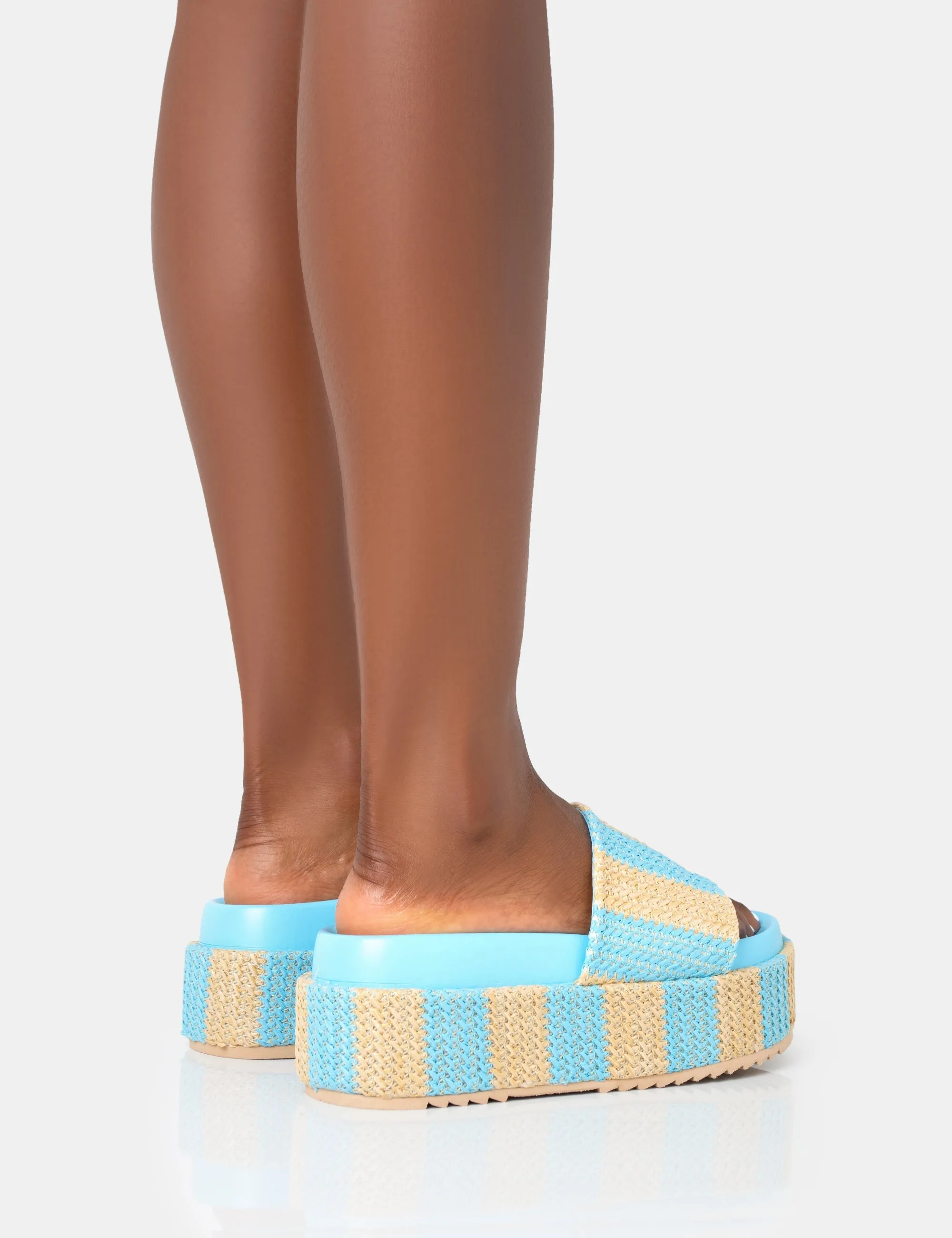 Seashore Blue Stripe Raffia Slider Flatform Sandals