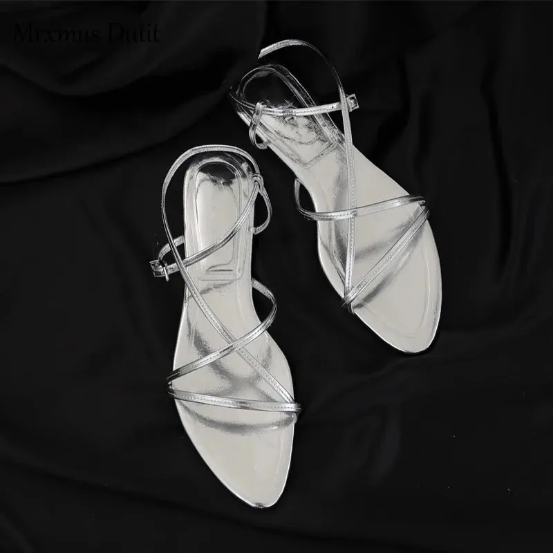 Women's Summer New Metallic Genuine Leather Multi-Strap Design Flat Sandals