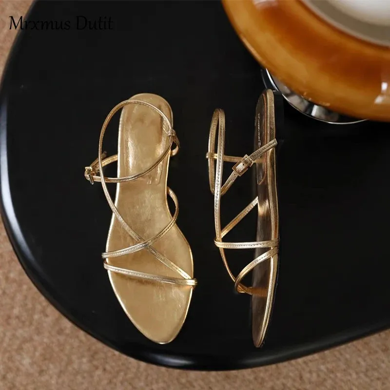Women's Summer New Metallic Genuine Leather Multi-Strap Design Flat Sandals