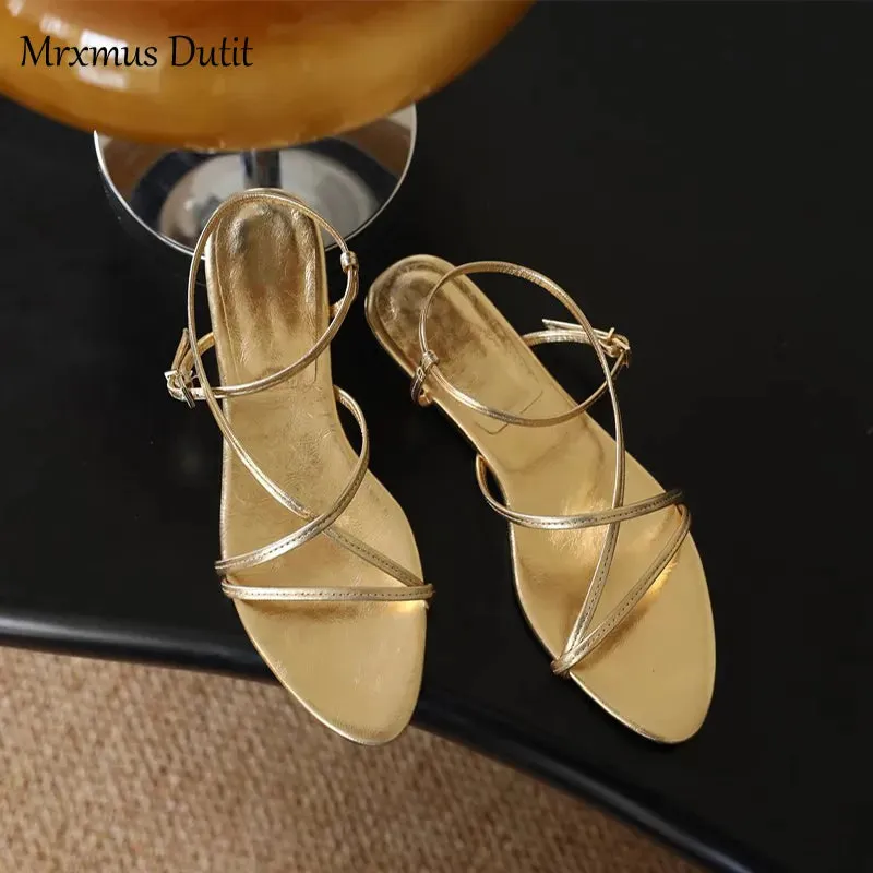 Women's Summer New Metallic Genuine Leather Multi-Strap Design Flat Sandals