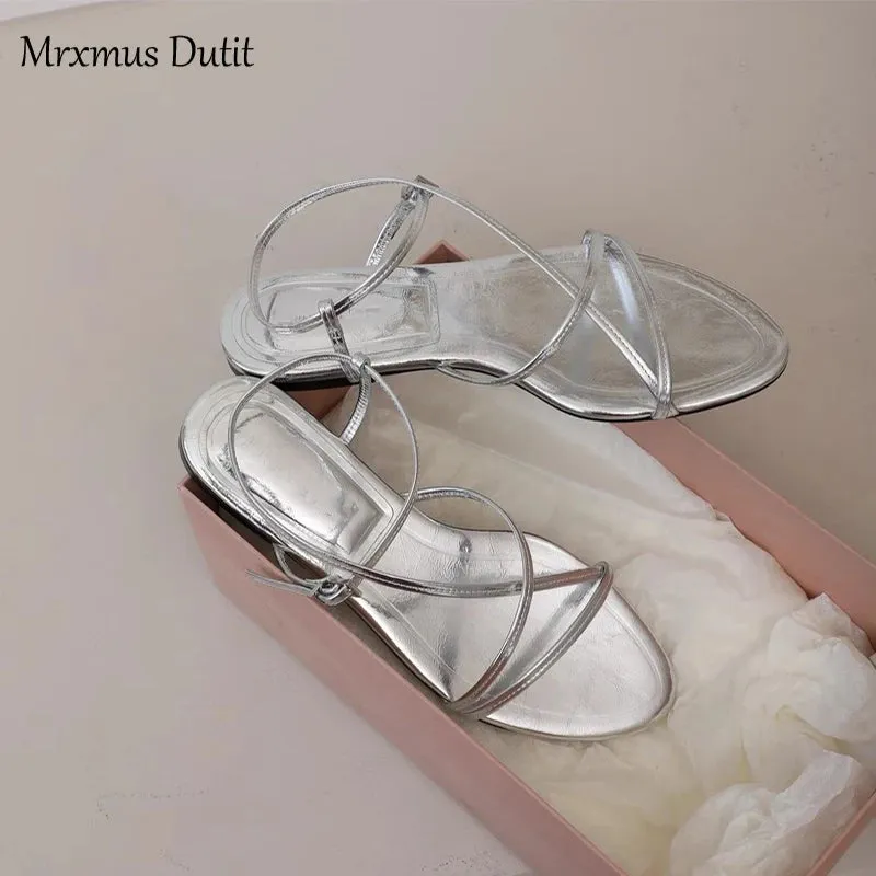 Women's Summer New Metallic Genuine Leather Multi-Strap Design Flat Sandals